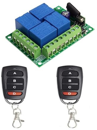 QIACHIP 433 Mhz Universal DC 12V 4CH Interruttore di controllo remoto wireless Modulo ricevitore relè RF con 2 trasmettitori, codice di apprendimento 4 canali Telecomando fai da te