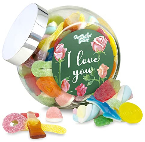 I love you Schräghalsglas – tolle Süßigkeiten im Glas, süßes Geschenk zum Jahrestag oder Valentinstag
