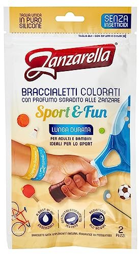 Zanzarella, 24 x 25 Pulseras antimosquitos Sport&Fun de silicona 100% reciclable con repelente de mosquitos a base de aceites naturales, activos hasta 12 horas, 5 diseños diferentes de colores, talla