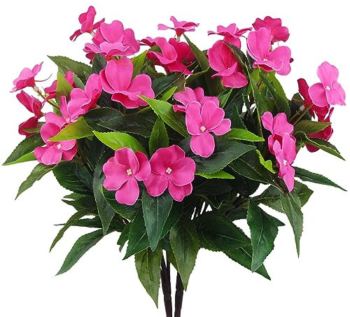 FAICOIA 2 Branches Artificial Impatiens Flowers for Outdoors - Faux Bushes Rose Red Silk Flowers Greenery Bouquet for Patio Lawn Garden Pot Hanging Basket Porch Decoration