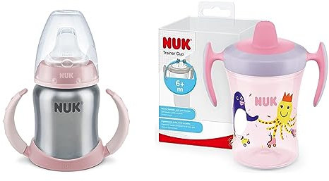 NUK Learner Cup Trinklernbecher, auslaufsicher, hochwertiger Edelstahl & Trainer Cup Trinklernbecher | auslaufsicherer Becher mit weichem Trinkschnabel & ergonomischen Griffen