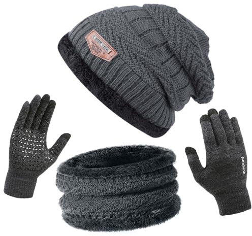 ANCEER Wintermütze Schal Handschuhe Set mit Dicke Thermo Fleecefutter, 3in1 Mütze, Schal & Handschuh-Sets für Herren Damen Winter Beanie Mütze Schal Unisex Grau
