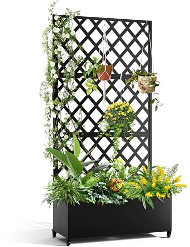 FENCY - Metal Planter with Diamond Trellis for Climbing Plants/Vines, Galvanized Raised Garden Bed on Wheels, Garden Bed with Trellis (73 x 35, Black)