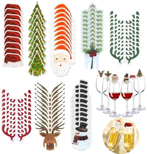 KASESSS 80Pz Segnabicchieri di Natale,Segna Bicchieri Calici in Cartaceo Scrivibile Segna Bicchiere Interessante Segnabicchiere Riutilizzabili Segna Bicchieri Colorati per Decorazione Tavola di Natale