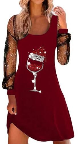 Festliches Kleid Mädchen Weihnachtskleid Damen Weihnachten Rot Weinglas Druck Minikleid Sexy Mesh Partykleid Lose Rundhals Kurzarm Kleider Herbst Winter Christmas Festkleid Weihnachtskleidung Damen