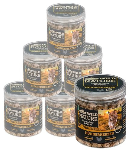 Dehner Wild Nature Katzensnack, Premium Leckerli glutenfrei / zuckerfrei, für ernährungssensible Katzen, gefriergetrocknet, Hühnerherzen, 6 x 20 g (120 g)