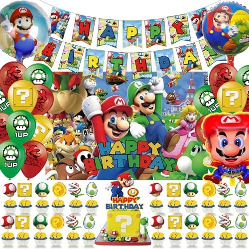Super Mario Geburtstag Party Deko Set - 48 Pièces Mit Happy Birthday Banner, Latexballons und Mehr - Kinder Party Dekoration