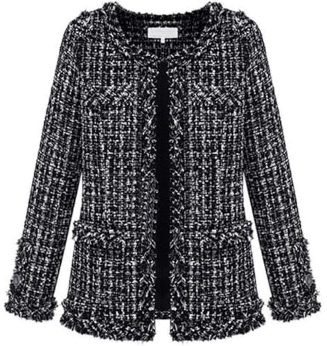 Leyoutx Blazer sans col en Tweed élégant Ouvert sur Le Devant à Franges décontracté d'affaires à Paillettes pour Femme, Noir, XX-Large