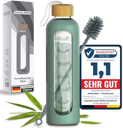 Amalindo Trinkflasche 1l Glas Bruchsicher, Wasserflasche 1l, Glasflasche 1 Liter, Trinkflasche Glas 1l, 1 Liter Trinkflasche, Water Bottle inkl. Silikonhülle & Bürste (BPA-frei) - Olive