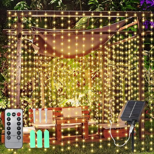 APODESS 3x3m Solar Lichtervorhang Aussen 300LED Lichterkette Vorhang Outdoor Lichterkettenvorhang Wetterfest mit 8 Modi Fernbedienung Timer Hochzeit Deko für Weihnachten