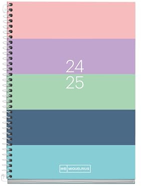 Miquelrius Schülerkalender 2024-2025, September 24 bis Juni 25, 117 x 174 mm, Tagesplaner, Einband aus Karton, Kalender 2024 2025, Spiralbindung, Weiß, Katalanisch und Englisch, Streifen