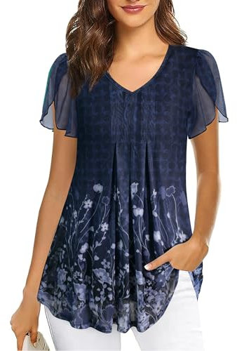 Sommer Blusen Damen Elegant Festlich Abend Hochzeit Shirt Kurzarm Stylisch Modern Frau Tunika A-Linie Locker Leger Weite Bluse Blusenshirt Dunkelblau Abendmode Oberteil, L