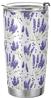 Anticsao Hermoso vaso de lavanda púrpura con tapa y popote, vaso de acero inoxidable aislado, taza de café de viaje de doble pared, tazas térmicas al vacío para bebidas calientes y frías, 20 onzas