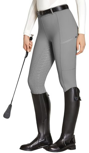 FitsT4 Sports Reitleggings Damen Reithose Silikon vollbesatz mit Handytasche und Gürtelschlaufen für Reitsport Pferdetraining,Grau,S
