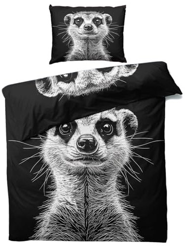 MOBEITI Erdmännchen Bettwäsche 155x220, Tiere Wendebettwäsche, Weiche Kuschelige Mikrofaser Bettbezug Set 2teilig, 1 Kissenbezug 80x80, mit Reißverschluss -MO&331