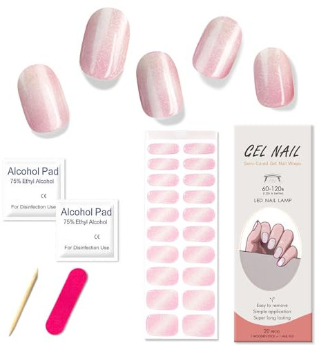 Boloshine Halbgehärtete UV Gel Strips, 20Pcs Salonqualität Gel Nagellack Aufkleber, Nagelfolie Selbstklebend, Langanhaltende Nagelaufkleber UV/LED-Lampe Erforderlich, Kirschblüten-Dämmerlicht