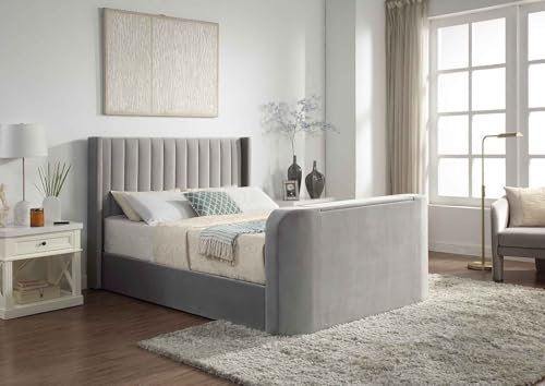 Home Treats Grey Velvet Ottoman TV Bed With Storage | Smart Bed With Remote Control TV Footboard Operation | Gas Lifting Underbed Storage (No Mattress, Double)