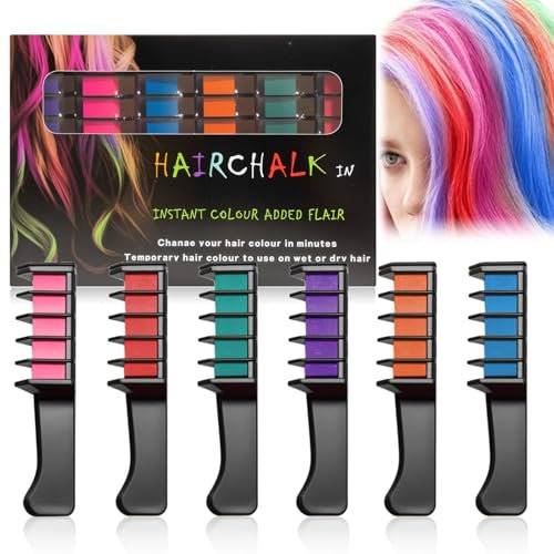 Haarkreide Kamm Set - Temporäre Haarfarbe Geschenke Für Mädchen - Sofortiges Haarfärbemittel, Auswaschbar, Sicher Und Schonend (6 Farben Set, 6 Stück)