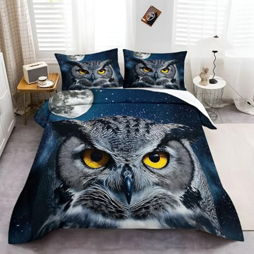 Grau Blau Mikrofaser Bettbezug Surreale Tier Eule Bettwäscheset 155 × 220 cm Bettwäsche Bettbezug Soft Warm Christmas Duvet Cover Zippered with 2 Pillowcases