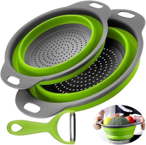 2 Piezas Colador de Cocina y Pelador - Plegable de Silicona, Escurridor de Pasta, Frutas y Verduras - Artículos Libres de BPA
