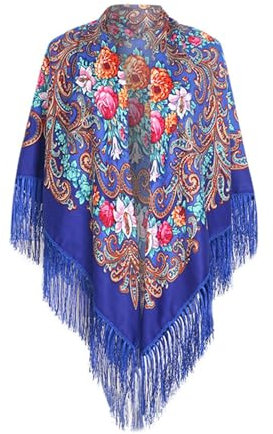 FASLOLSDP Wrap Schal Damen, Halstuch mit traditionellem ukrainischem/polnischem/russischem Blumenmuster und Fransen Elegante Halstuch Schal