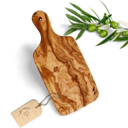 Schneidebrett mit Griff aus Olivenholz, handgefertigt und geölt, ideal für Schneiden und Servieren, einzigartiges Naturdesign, 30cm