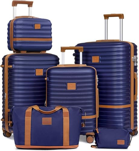 Joyway Kofferset Reisekoffer Set 6tlg Hartschale mit Beautycase Kosmetikkoffe mit 4 Rollen und TSA-Schloss Der Gepäcksets Enthält 1 Reisetasche und 1 Kulturbeutel Marine braun