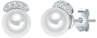 Valero Pearls Damen Ohrringe 925/- Sterling Silber | rhodiniert, Ohrstecker, Zirkonia, weiß, Süßwasser-Zuchtperle, ca. 6,0 - 6,5 mm, weiß, rund