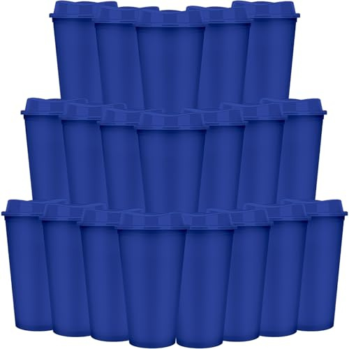 20 Pcs Reusable Coffee Cups with Lids 470 ml Plastic Tumblers Iced Coffee Cup Travel Mug for Adults and Women Kid Hot and Cold Drinks, Microwaveable (Royal Blue)