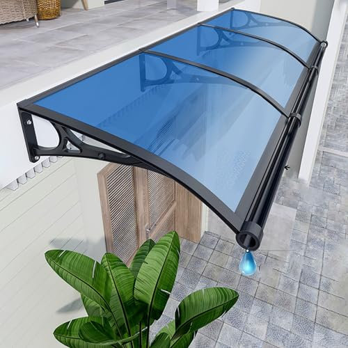 Tenda da sole per porta esterna, tenda da tetto, tenda da tetto in policarbonato, riparo per porte d'ingresso, tenda da porta con grande lavandino, protezione UV, pioggia e neve, blu, 120 x 320 cm