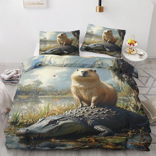 NIYAKA Weiche Bettwäsche 140x200 Lustige Tiere Set 2teilig, Bettbezug Biber Krokodil mit Kissenbezug 70x90 cm, Mikrofaser Wendebettwäsche mit Reißverschluss, Kuschelig & Pflegeleich