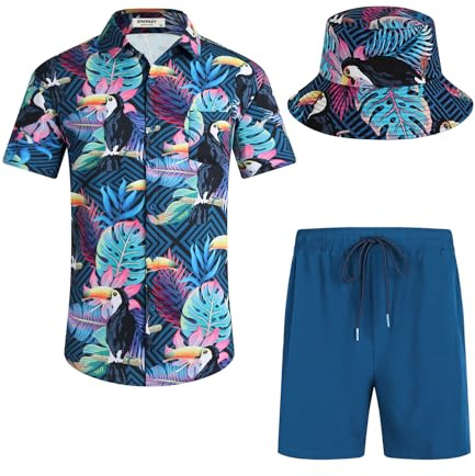 SPKPKEY Set camicia hawaiana da uomo e pantaloncini, vestibilità regolare, maniche corte, abbigliamento casual da spiaggia con cappello alla pescatora S-XXL, Navy & Bird, XL