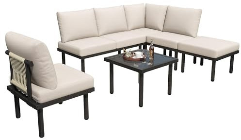 ChouTangYu Salon de jardin - Lot de 6 - Canapé d'angle avec table basse - Cadre en bois d'acacia - Corde tressée beige - Pieds réglables - Avec tous les coussins d'assise et de dossier (beige)