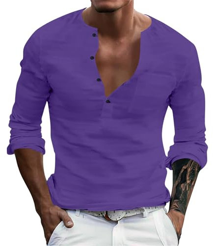 Chemise décontractée à manches longues pour homme - Couleur unie - Maillot de corps de compression, lilas, XL