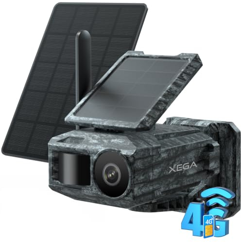 Xega 4G LTE Solar Überwachungskamera mit SIM-Karte&2 Solarmodulen | Außen Wildkamera Bewegungserkennung Leuchtfreie Nachtsicht 220°-Rotation Echtzeit-App-Benachrichtigungen (Ohne WiFi)