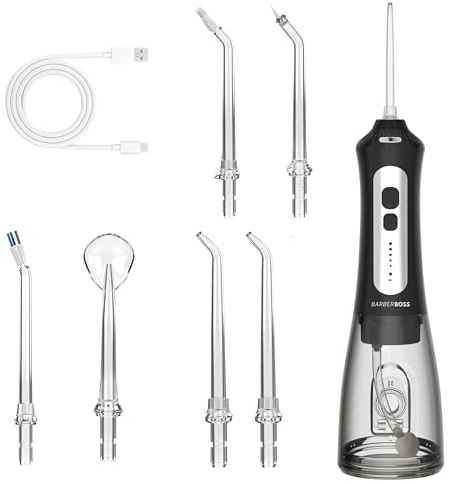 BarberBoss Kabellose Wasserflosser für Reisen & Zuhause, 5 Druckmodi, 6 Strahlspitzen, 300ml Tank, USB Wiederaufladbare Munddusche, IPX7 Wasserdicht, Zahnreiniger für Zahnspange & Zahnfleischpflege
