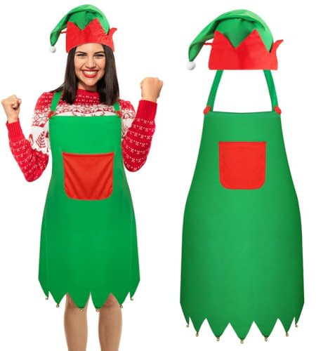 XIABYAYU Weihnachtself Kostüm, Weihnachtself Schürze, Elfenmütze Weihnachten, Schürze+Hut, Weihnachtselfen Kostüme, für Erwachsene und Kinder, Weihnachten Party, Karneval, Cosplay