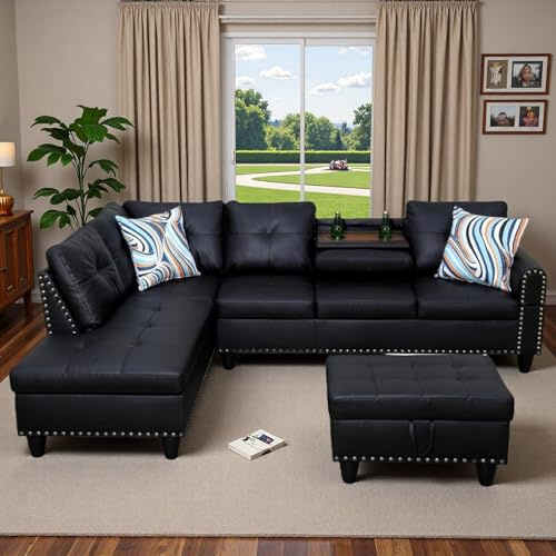 Topcomfy 97.5 L Shaped Couch Set, Modular Sectional Couches for Living Room with Storage Ottoman, 4 Seat Home Sofa Living Room Furniture Sets with Chaise for Apartment Office (Leather, Black)