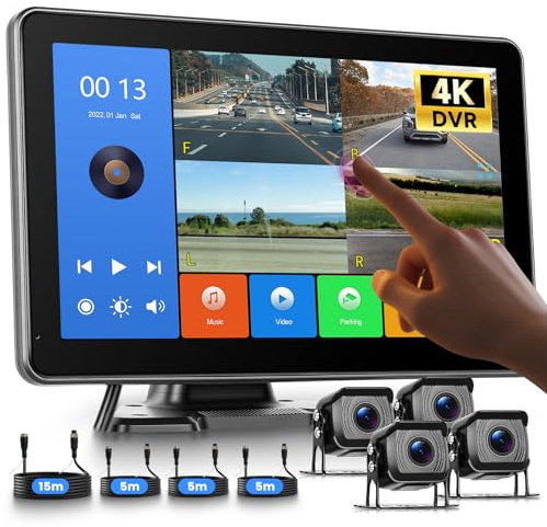 Hodozzy 4 Canali Telecamera di Retromarcia 4K Registrazione in Loop, Monitor Divise Touchscreen 10,1 Pollici con 4 Telecamere Posteriore Visione Notturna Telecamera, Telecamera Auto con BSD, Mirroring