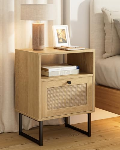 HEYZOEY Boho Nachttisch, Rattan Beistelltisch Mit Schublade und Eichenregal für Schlafzimmer, Wohnzimmer, Büro (Eiche Rattan)