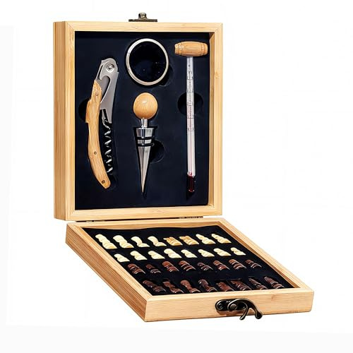 Cavatappi professionale con termometro per vino, tappo per bottiglia e anello salvagoccia e set di scacchi, confezione regalo in legno (Colore legno)