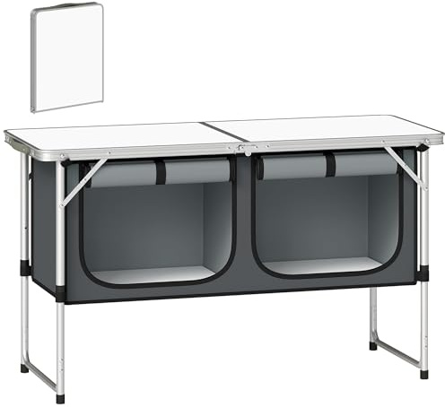 Outsunny Camping Küche faltbar Campingschrank mit Aluminiumgestell, Campingküche mit Staufach Arbeitsplatte Reiseküche, Outdoor Küchenschrank für Camping Reisen Silber