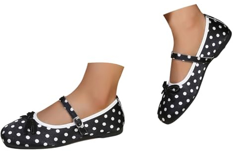 Casual Shoes Women's Sporty Design Ballerina with Dots Slip On Breathable Comfortable Mary Janes Fashionable Casual Dance Shoes Polka Dot Satin Bow Dance Boots Slippers, O Black, 9 UK
