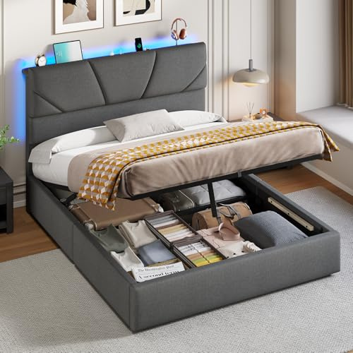 mojiasion Polsterbett 140x200 mit 780L Stauraum & Lattenrost | Lift-Up, 780L+ Stauraum, LED, USB/AC, 3-fach Kopfhöhe, 350kg Tragkraft, geräuschlos