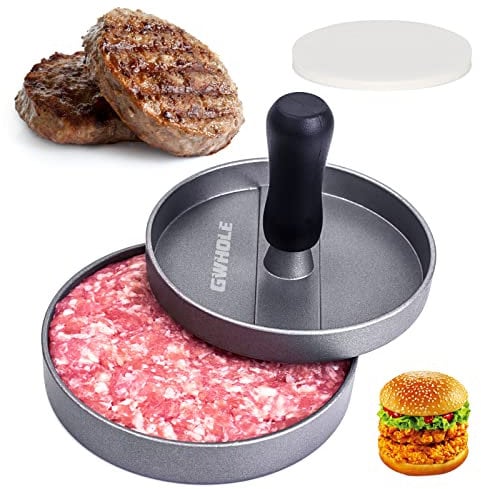 GWHOLE Presse à Burger Steak Haché + 100 Papiers Antiadhésifs - Diamètre 11.5cm Antiadhésif en Aluminium