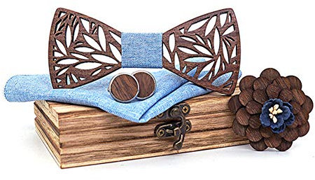 Good partner Holzfliege männer holz fliege herren klassische 3d geprägte hölzerne Fliege Set Plaid Quadrat Schal Manschettenknöpfe Lässige Massivholz Umweltschutz Set (C5)