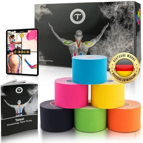 Talasi Kinesiologie Tape Set - 6 Rollen Mix zu je 5cm x 5m – inkl. Tape-Guide mit Infos und Anleitungen zum Tapen mit Kinesio Tapes