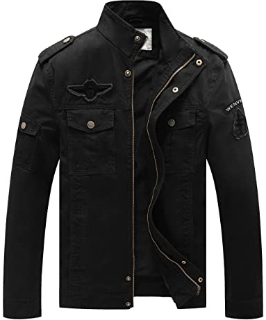 WenVen Giacca Militare Classica in Cotone Giubbotto con Zip Antivento Cappotto Casual Tempo Libero Giaccone Leggera Autunnale Uomo Nero L