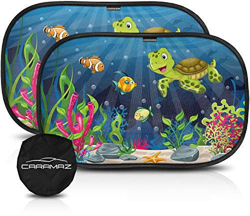 Parasol Coche Infantil con protección UV - Autoadhesivo, para Proteger del Sol a bebés y Mascotas (2 Unidades), Parasol Coche bebé M/L de 51x31 cm diseño de Tortuga