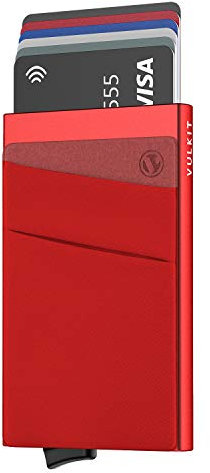 VULKIT Porte Carte de Crédit Aluminium Rigide Pop Up Porte-Cartes avec Poche Billets de Banque RFID Blocage Stocker 5 Cartes et des Espèces, Rouge